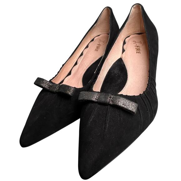 Miss L Fire Marilyn Pointed Toe Black Suede Kitten Heel 1950s Sz 40 Retro Bow EC - Picture 4 of 16